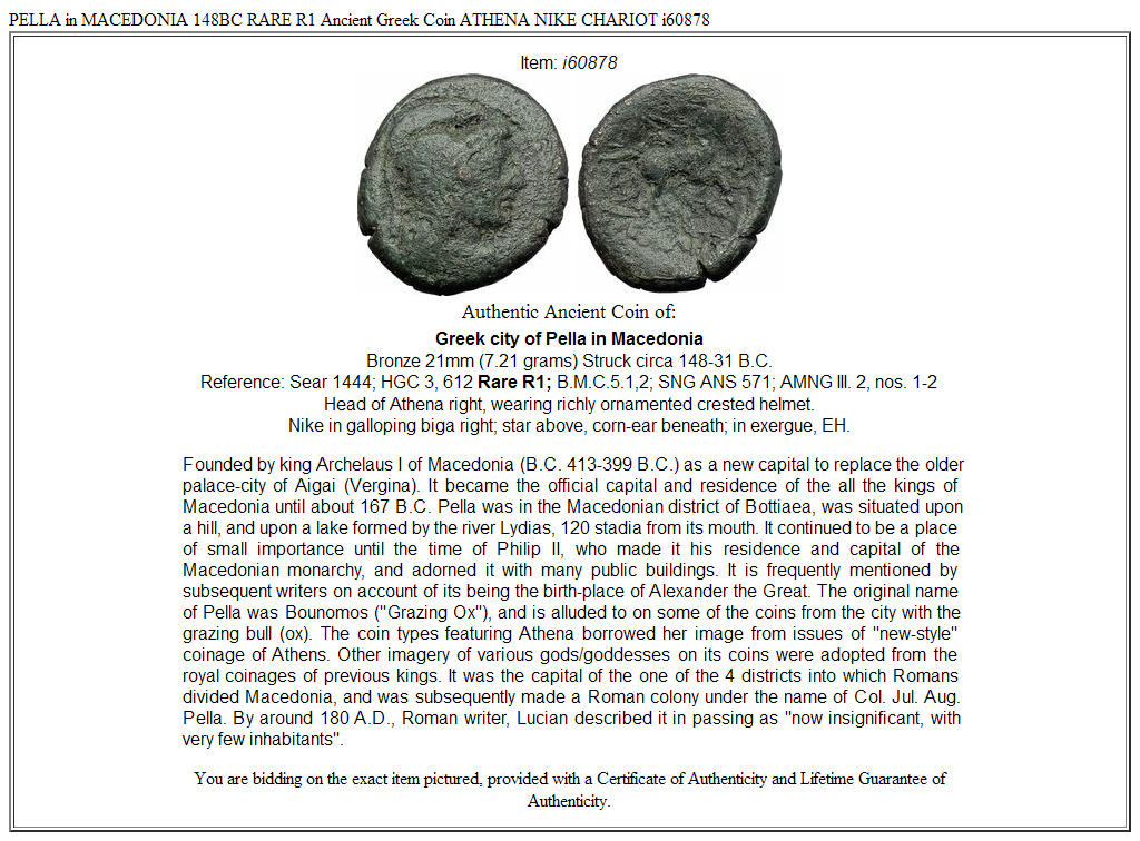 PELLA in MACEDONIA 148BC RARE R1 Ancient Greek Coin ATHENA NIKE CHARIOT i60878