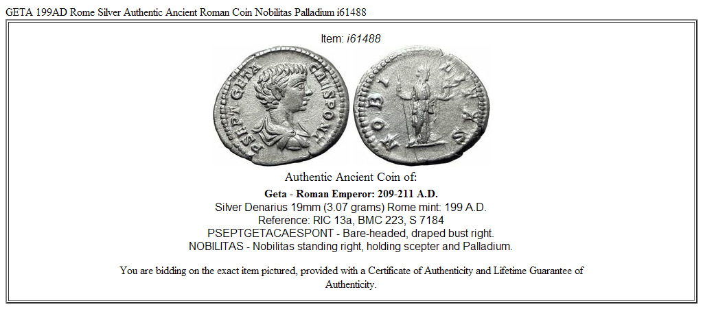 GETA 199AD Rome Silver Authentic Ancient Roman Coin Nobilitas Palladium i61488