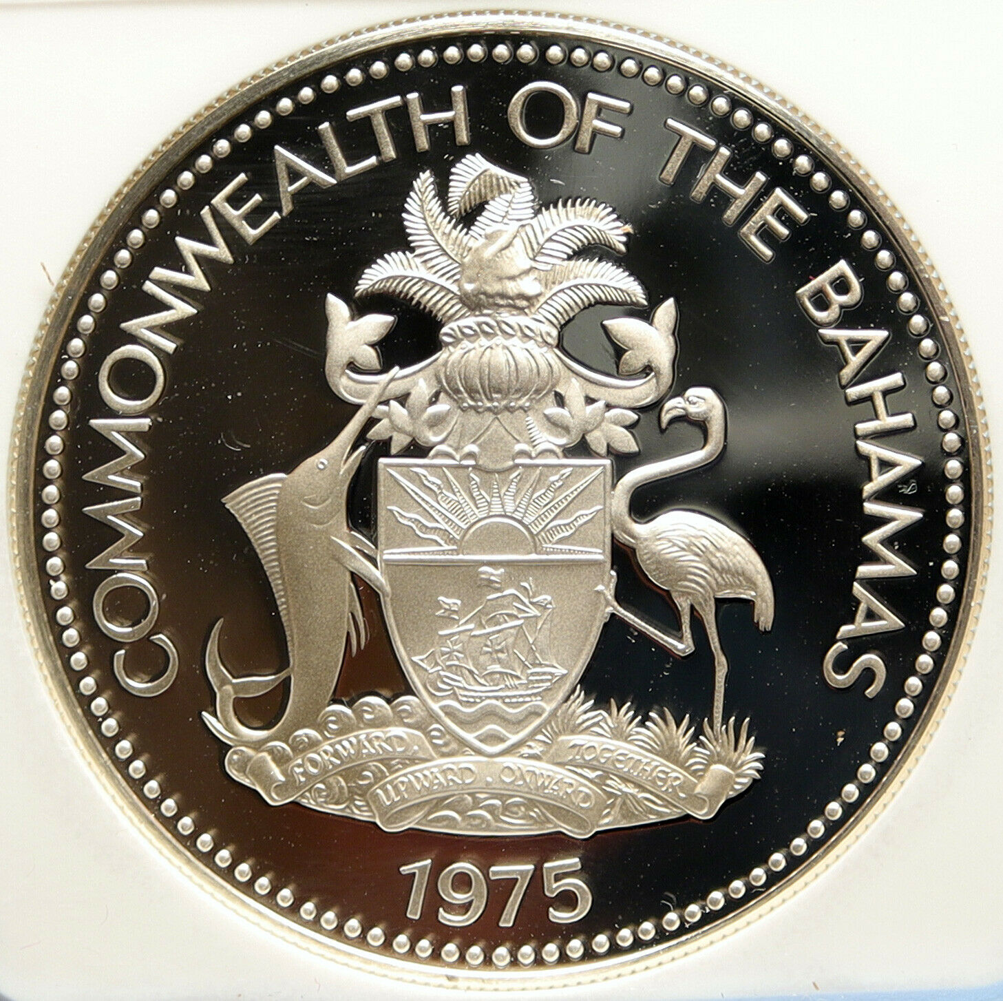 1975 BAHAMAS UK Queen Elizabeth II FLAG Old Proof Silver Coin $5 Coin NGC i99629