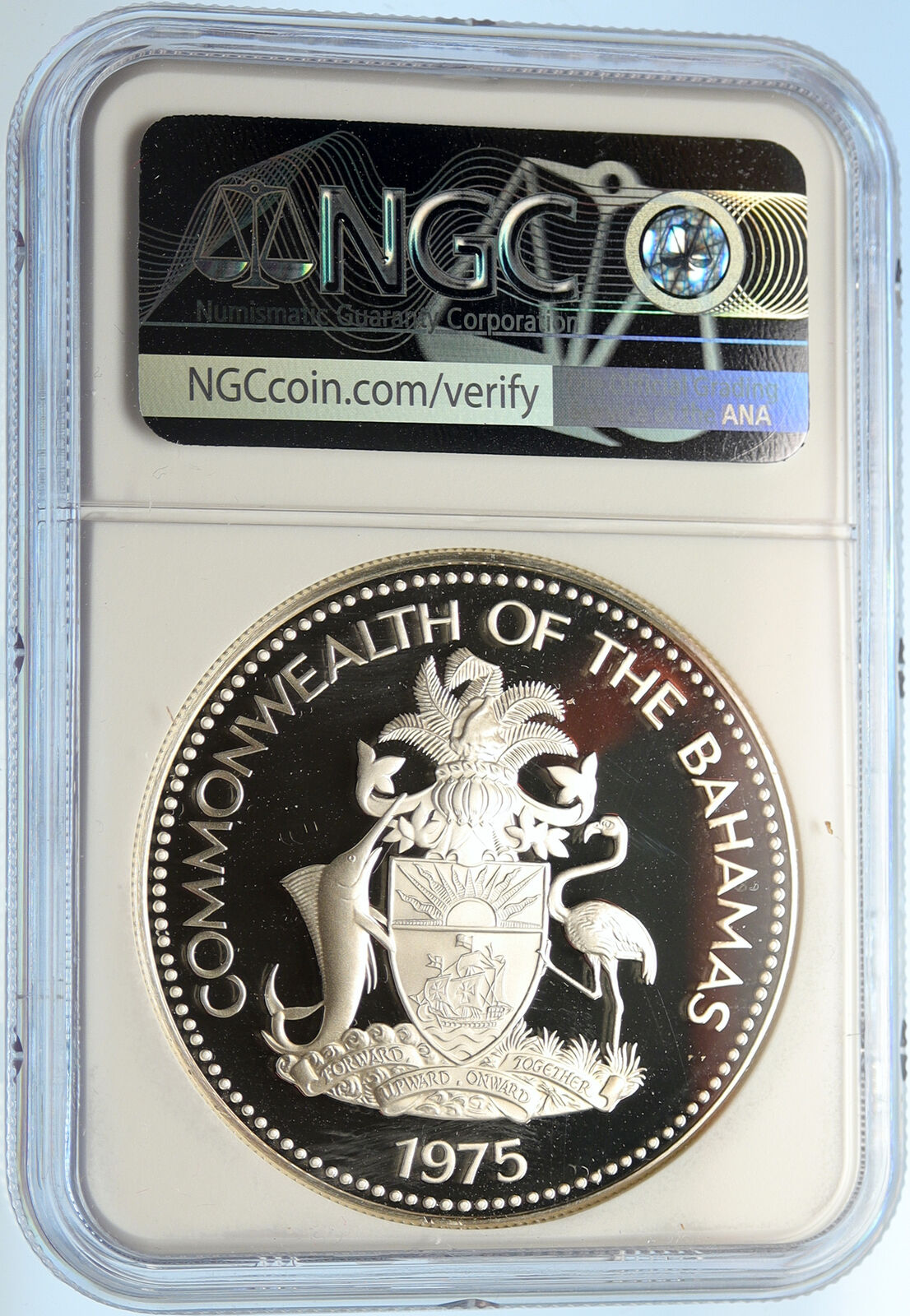 1975 BAHAMAS UK Queen Elizabeth II FLAG Old Proof Silver Coin $5 Coin NGC i99629