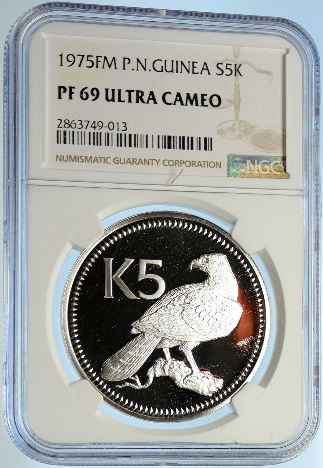 1975 PAPUA NEW GUINEA w PAPUAN Harpy EAGLE Proof Silver 5 Kina Coin NGC i99681