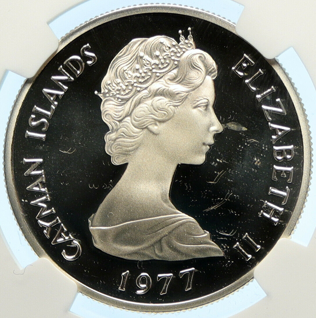 1977 CAYMAN ISLANDS UK Elizabeth II Flower Proof Silver Dollar Coin NGC i99678