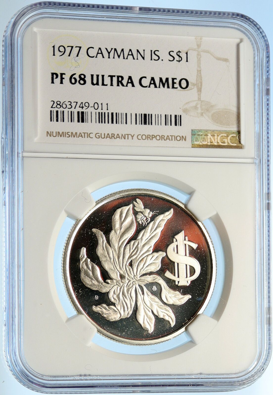 1977 CAYMAN ISLANDS UK Elizabeth II Flower Proof Silver Dollar Coin NGC i99678