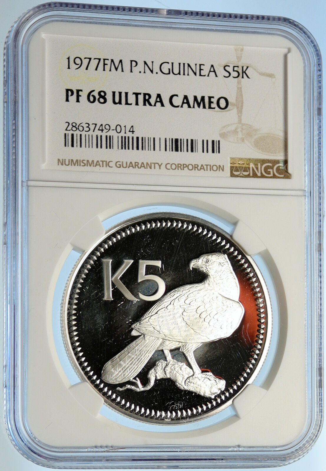 1977 PAPUA NEW GUINEA w PAPUAN Harpy EAGLE Proof Silver 5 Kina Coin NGC i99682