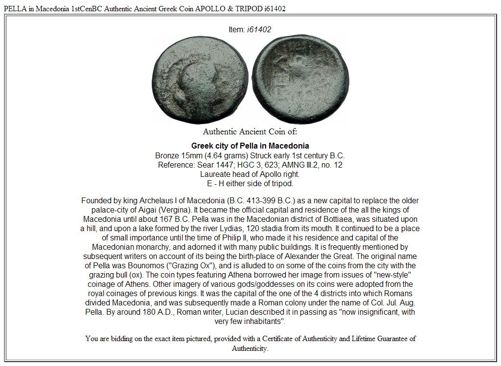 PELLA in Macedonia 1stCenBC Authentic Ancient Greek Coin APOLLO & TRIPOD i61402