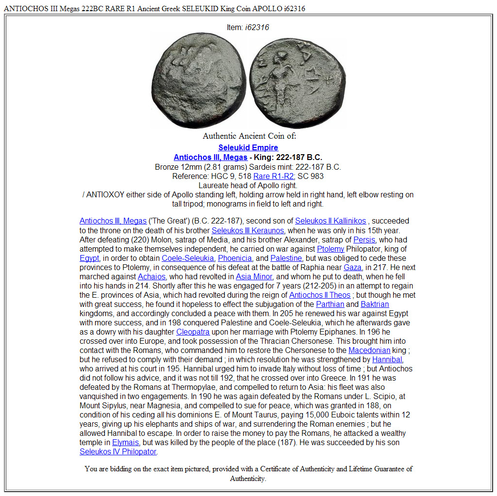 ANTIOCHOS III Megas 222BC RARE R1 Ancient Greek SELEUKID King Coin APOLLO i62316