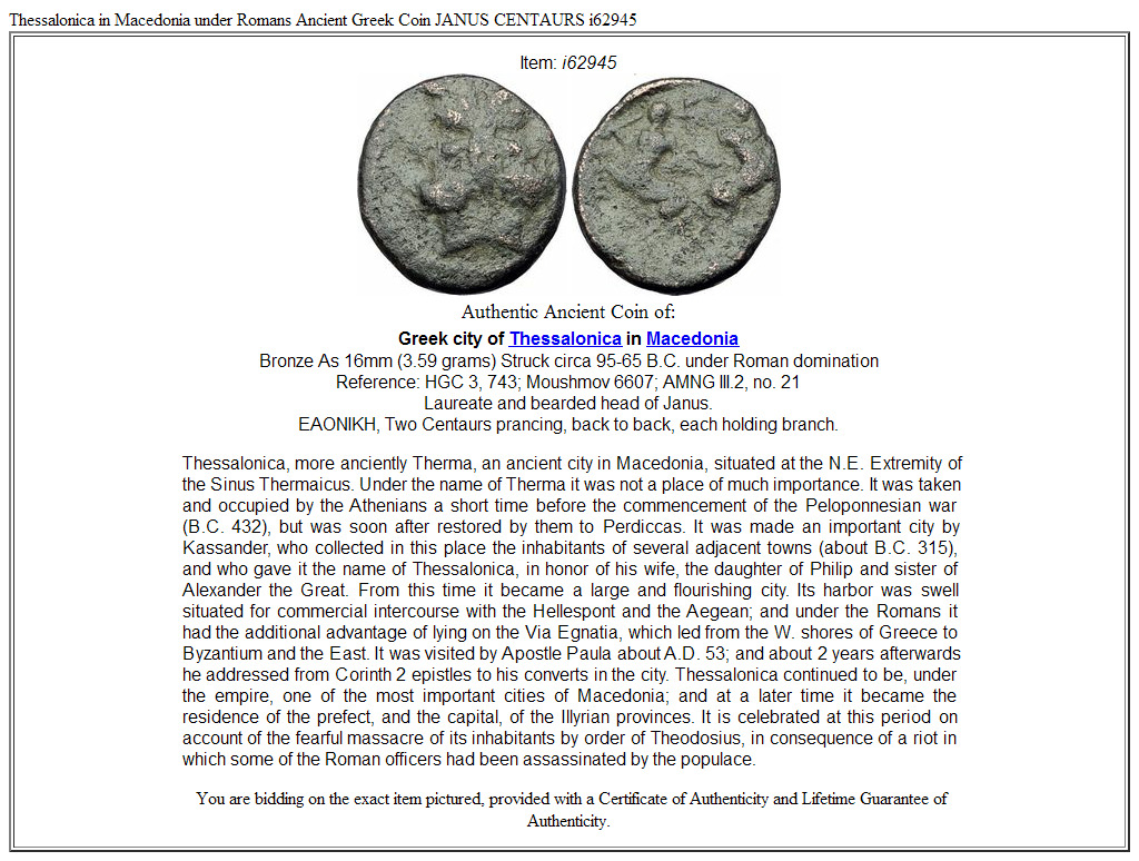 Thessalonica in Macedonia under Romans Ancient Greek Coin JANUS CENTAURS i62945