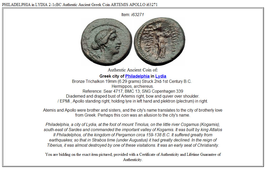PHILADELPHIA in LYDIA 2-1cBC Authentic Ancient Greek Coin ARTEMIS APOLLO i63271