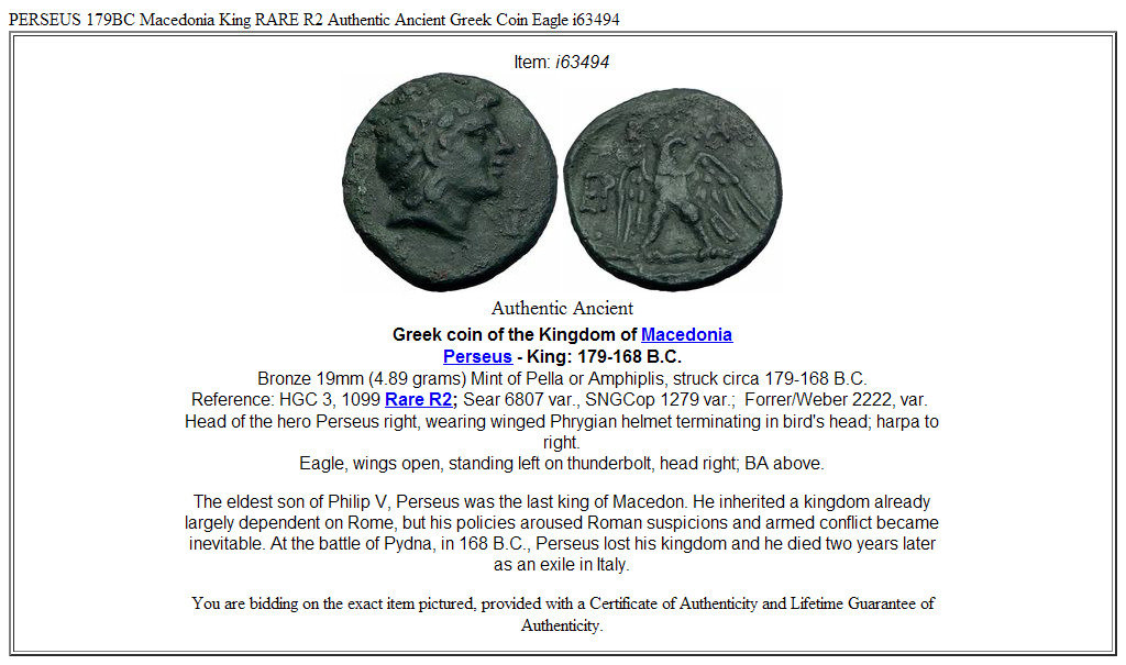 PERSEUS 179BC Macedonia King RARE R2 Authentic Ancient Greek Coin Eagle i63494