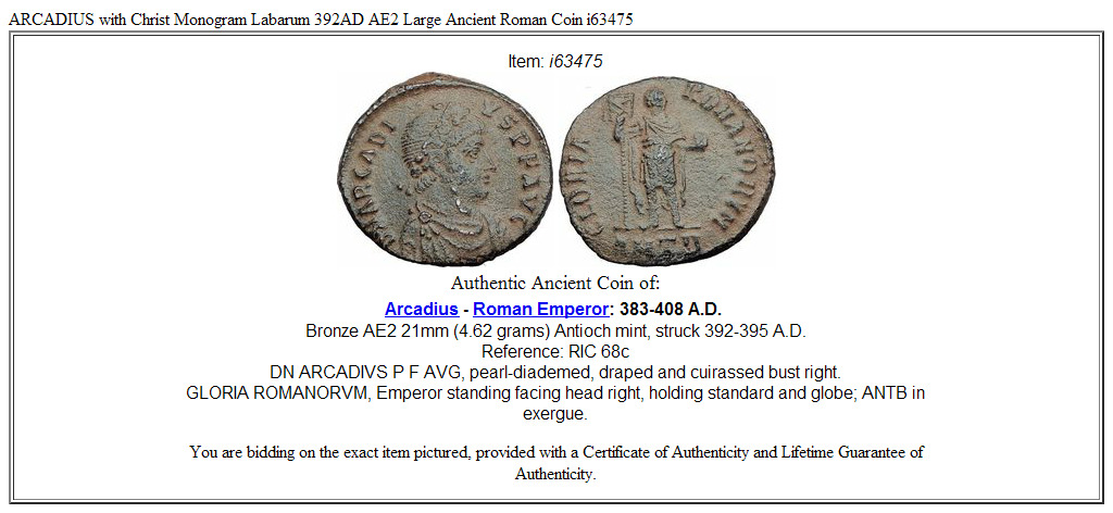 ARCADIUS with Christ Monogram Labarum 392AD AE2 Large Ancient Roman Coin i63475