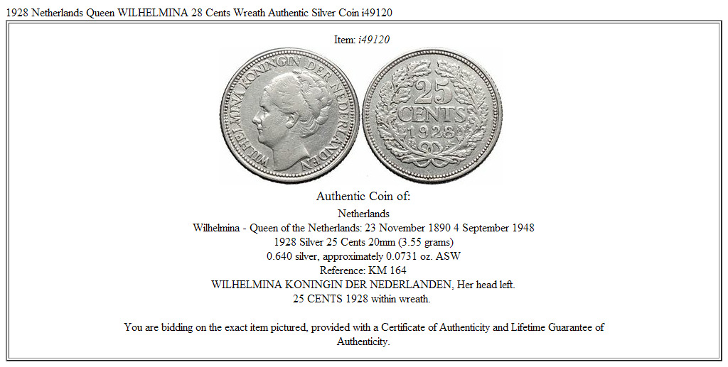 1928 Netherlands Queen WILHELMINA 28 Cents Wreath Authentic Silver Coin i49120