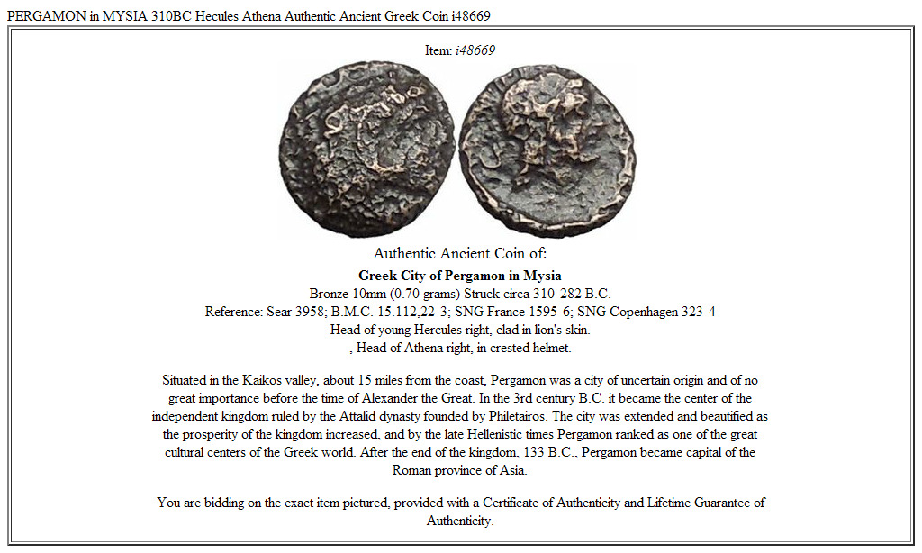 PERGAMON in MYSIA 310BC Hecules Athena Authentic Ancient Greek Coin i48669