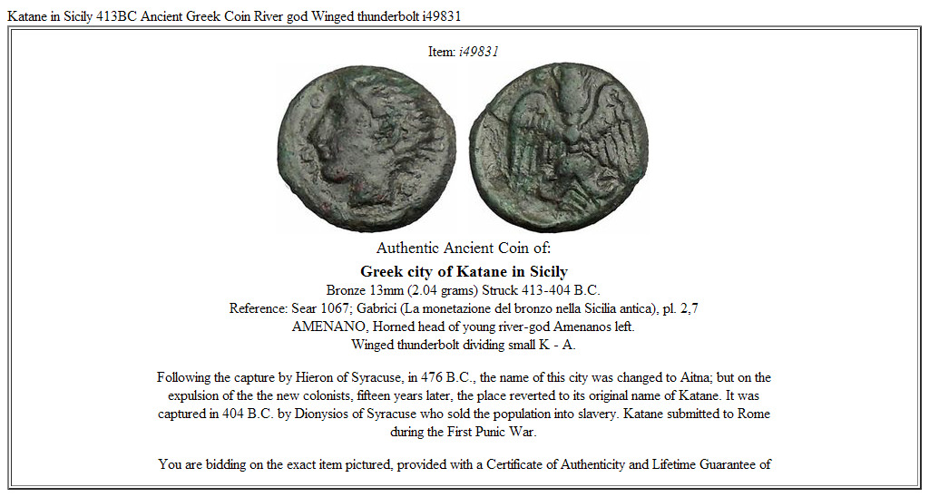 Katane in Sicily 413BC Ancient Greek Coin River god Winged thunderbolt i49831