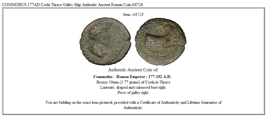 COMMODUS 177AD Coela Thrace Galley Ship Authentic Ancient Roman Coin i48728