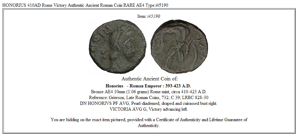 HONORIUS 410AD Rome Victory Authentic Ancient Roman Coin RARE AE4 Type i45190