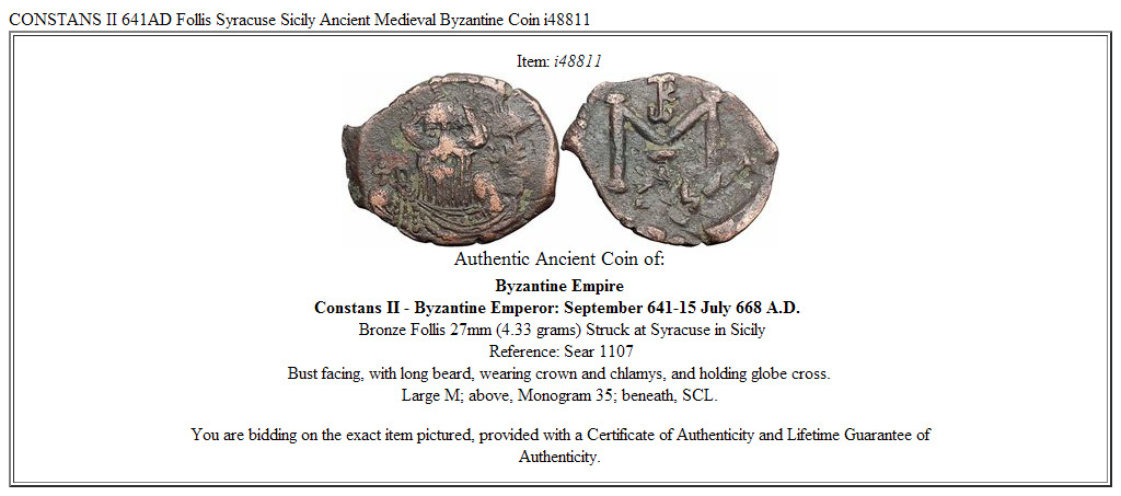 CONSTANS II 641AD Follis Syracuse Sicily Ancient Medieval Byzantine Coin i48811