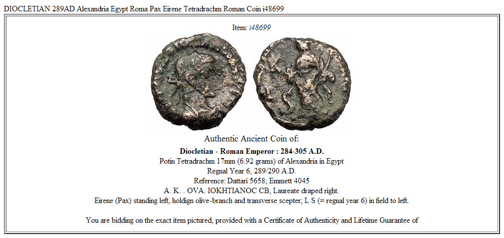 DIOCLETIAN 289AD Alexandria Egypt Roma Pax Eirene Tetradrachm Roman Coin i48699