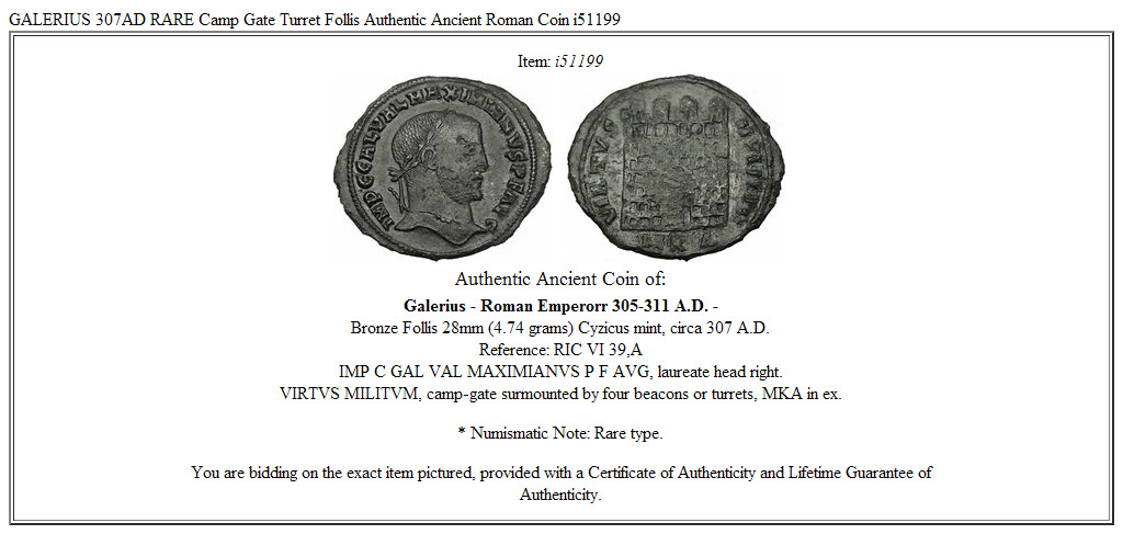 GALERIUS 307AD RARE Camp Gate Turret Follis Authentic Ancient Roman Coin i51199