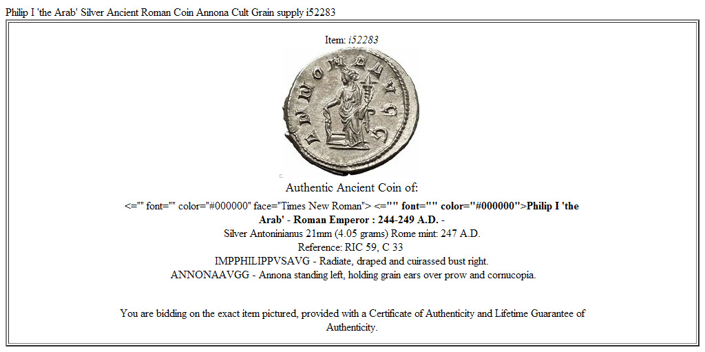 Philip I 'the Arab' Silver Ancient Roman Coin Annona Cult Grain supply i52283