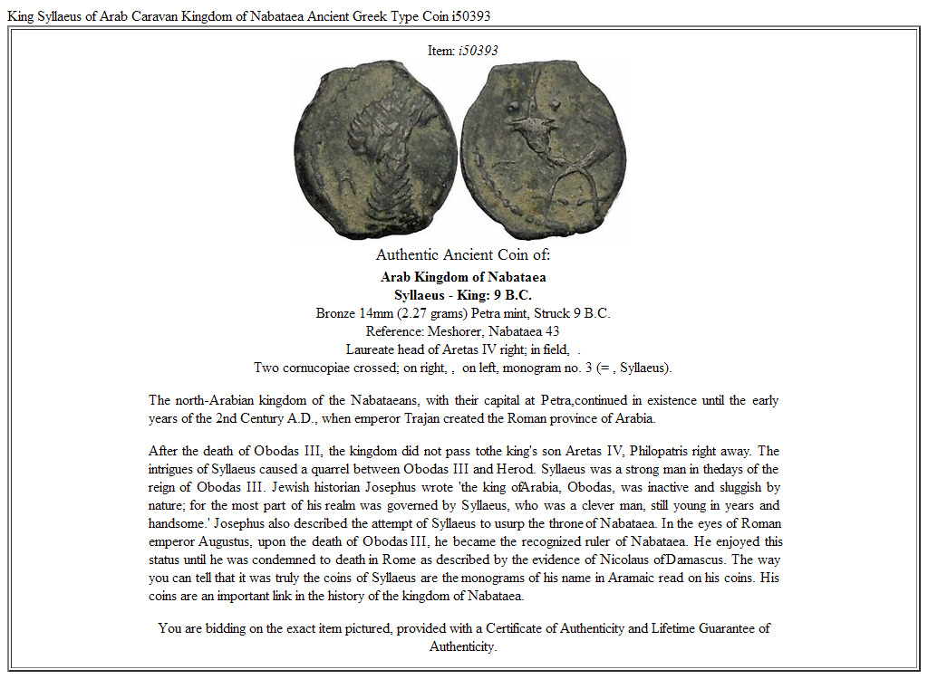 King Syllaeus of Arab Caravan Kingdom of Nabataea Ancient Greek Type Coin i50393