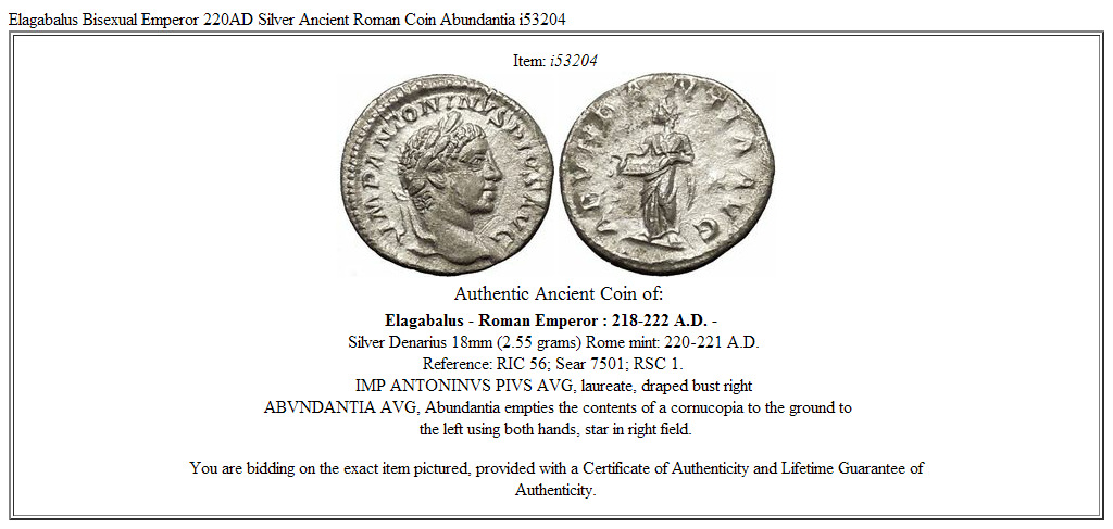 Elagabalus Bisexual Emperor 220AD Silver Ancient Roman Coin Abundantia i53204