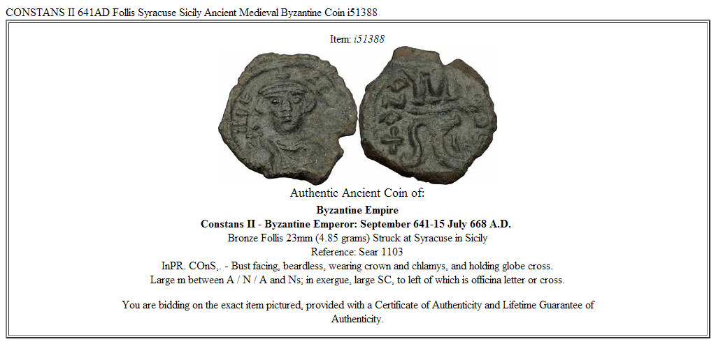CONSTANS II 641AD Follis Syracuse Sicily Ancient Medieval Byzantine Coin i51388