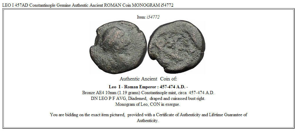 LEO I 457AD Constantinople Genuine Authentic Ancient ROMAN Coin MONOGRAM i54772