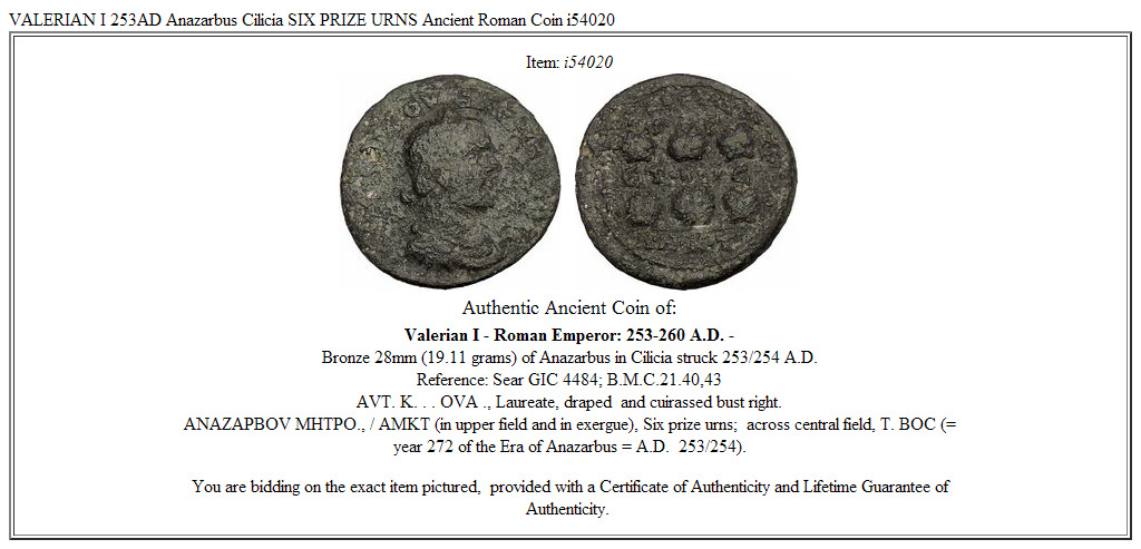 VALERIAN I 253AD Anazarbus Cilicia SIX PRIZE URNS Ancient Roman Coin i54020