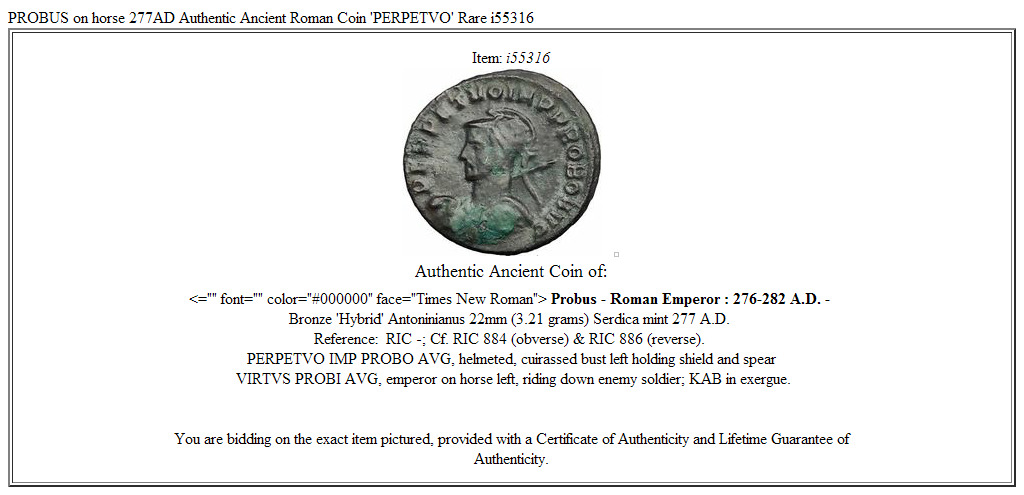 PROBUS on horse 277AD Authentic Ancient Roman Coin 'PERPETVO' Rare i55316