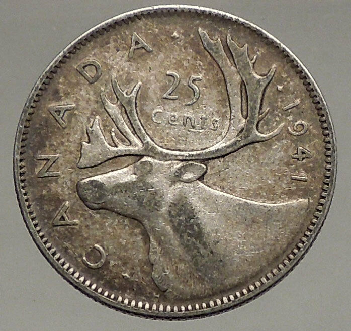 1941 CANADA King George VI of Britain Domains Silver 25 Cent Coin CARIBOU i56641