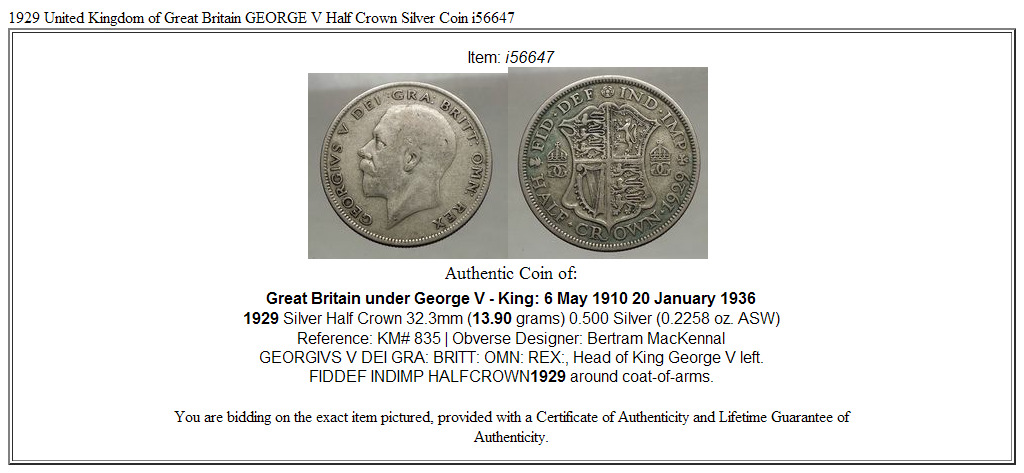 1929 United Kingdom of Great Britain GEORGE V Half Crown Silver Coin i56647