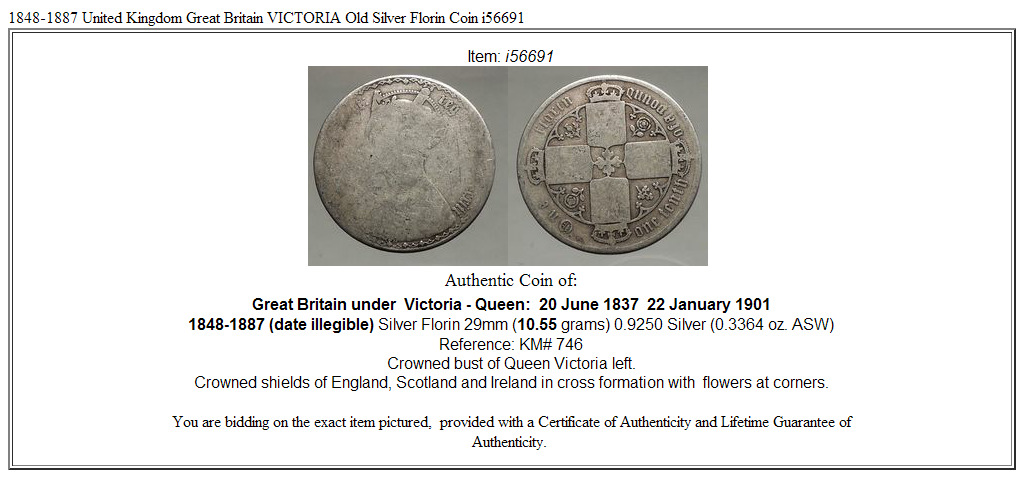 1848-1887 United Kingdom Great Britain VICTORIA Old Silver Florin Coin i56691