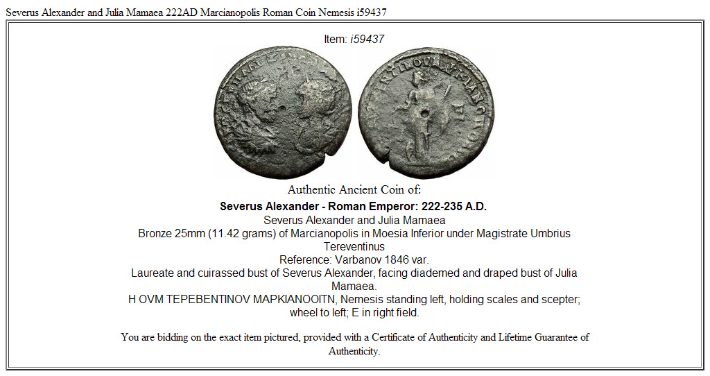 Severus Alexander and Julia Mamaea 222AD Marcianopolis Roman Coin Nemesis i59437