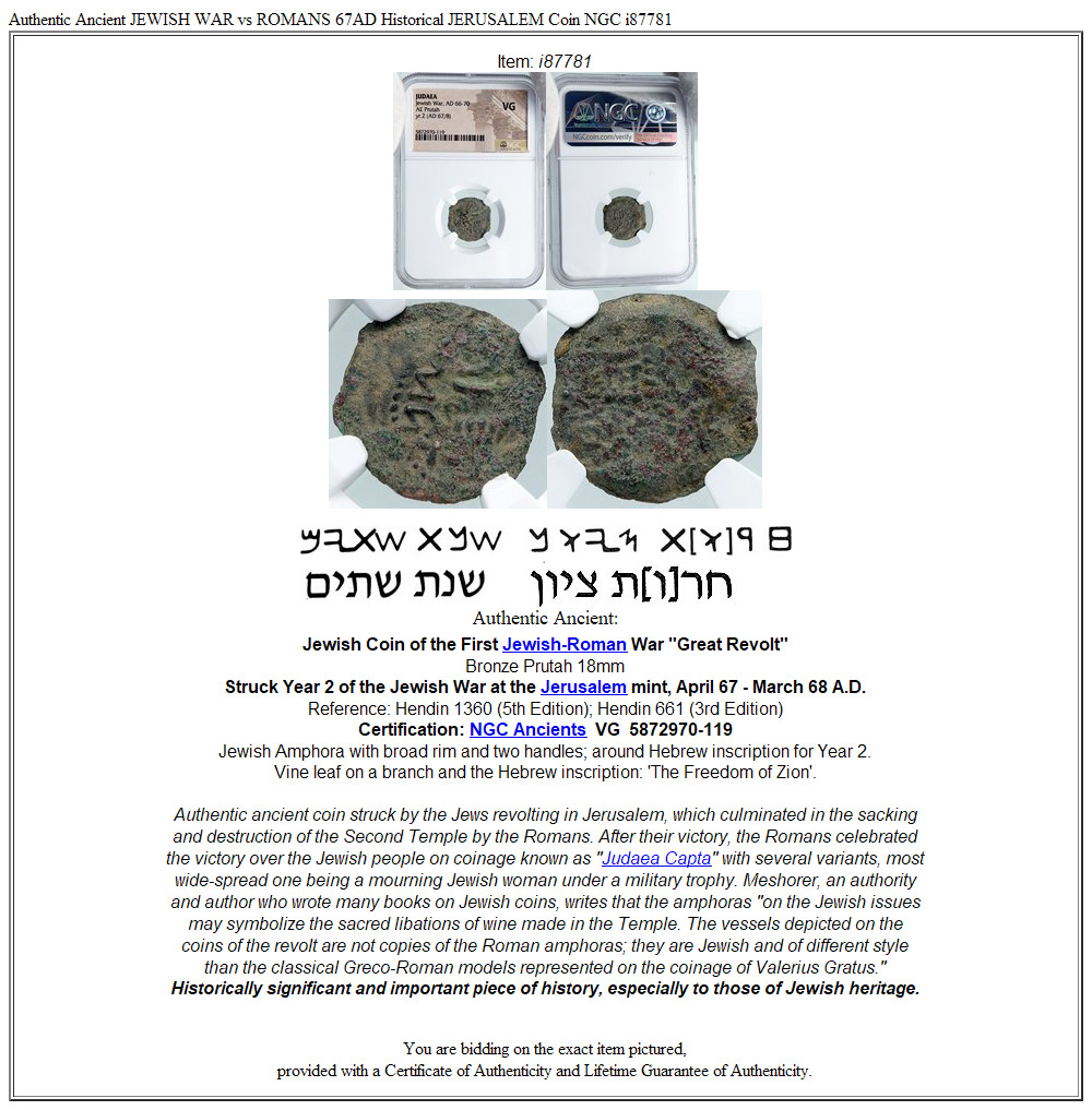 Authentic Ancient JEWISH WAR vs ROMANS 67AD Historical JERUSALEM Coin NGC i87781