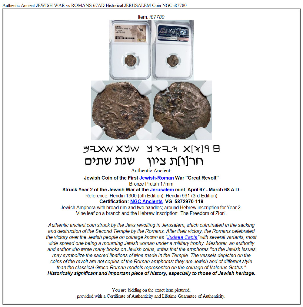 Authentic Ancient JEWISH WAR vs ROMANS 67AD Historical JERUSALEM Coin NGC i87780