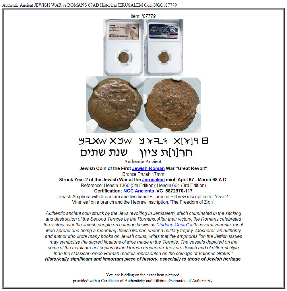 Authentic Ancient JEWISH WAR vs ROMANS 67AD Historical JERUSALEM Coin NGC i87779