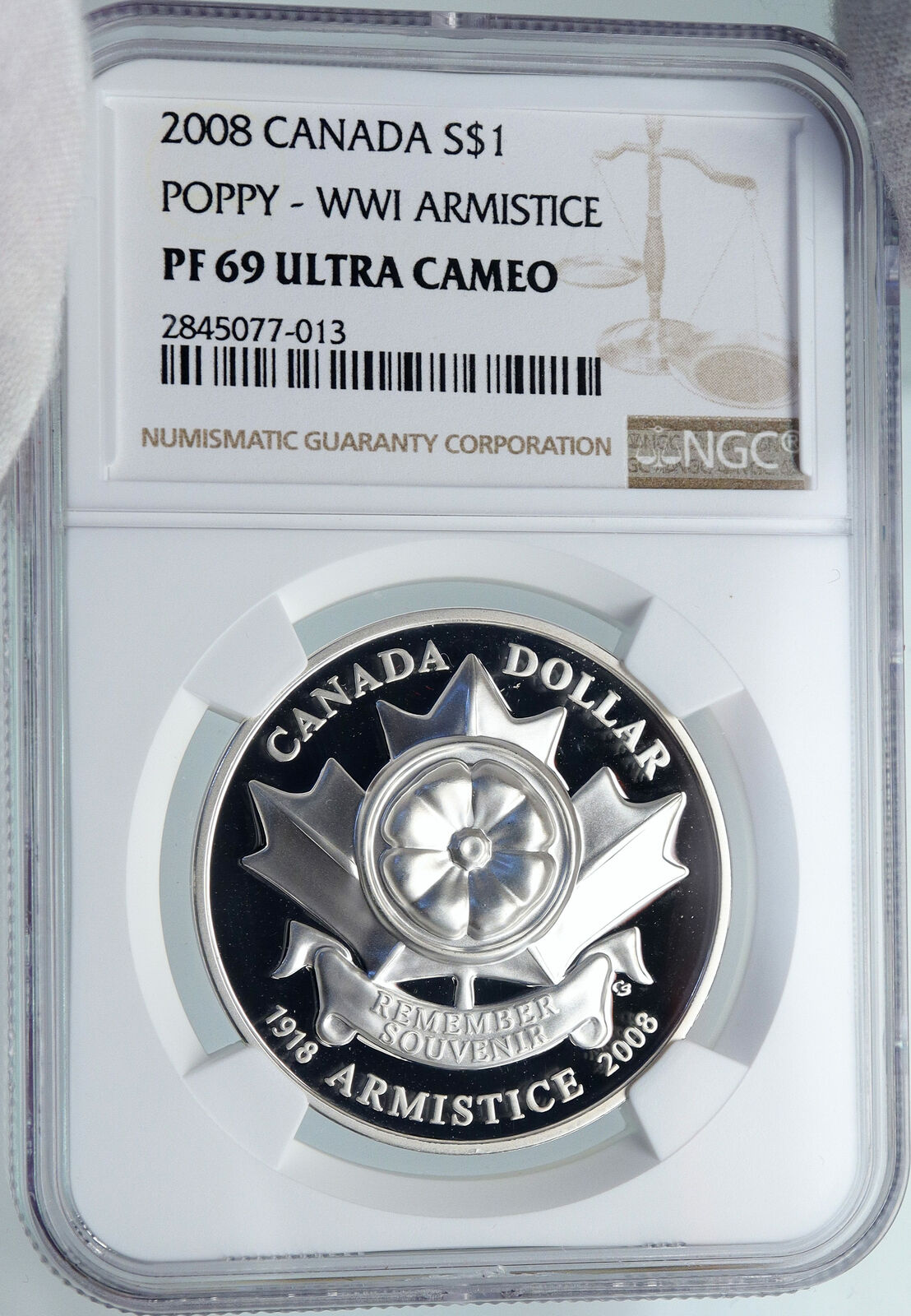 2008 CANADA WWI 1918 World War I Armistice POPPY Proof SILVER $ Coin NGC i87848