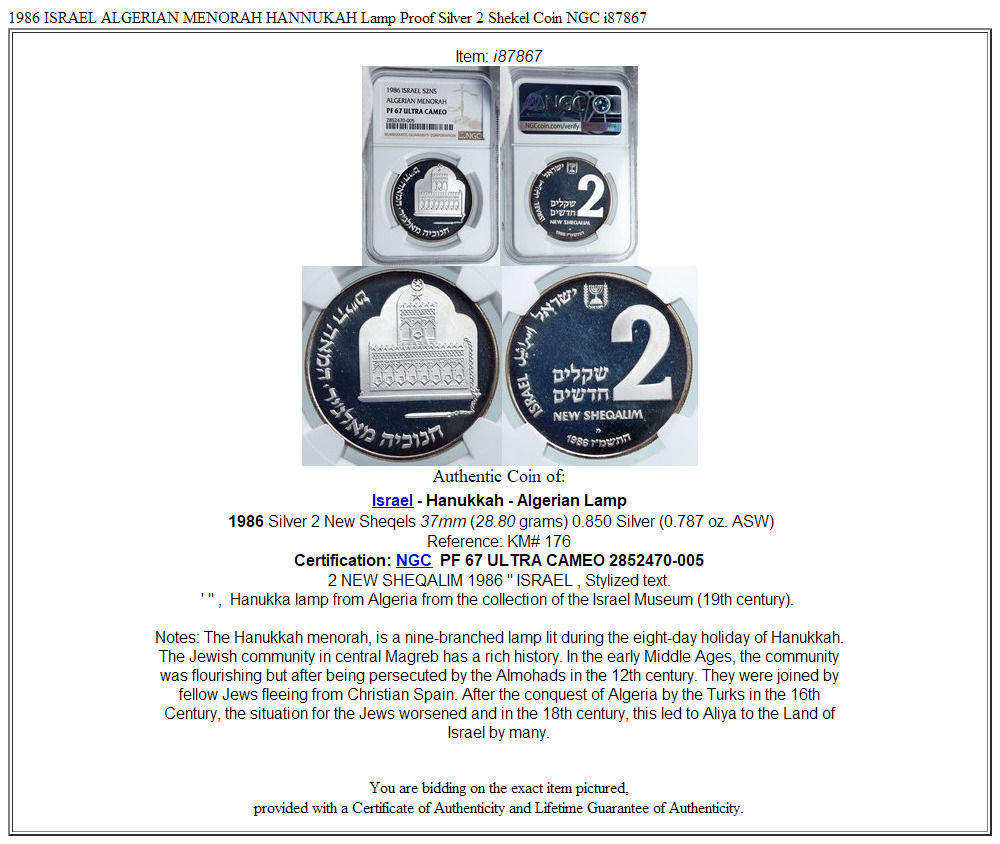 1986 ISRAEL ALGERIAN MENORAH HANNUKAH Lamp Proof Silver 2 Shekel Coin NGC i87867