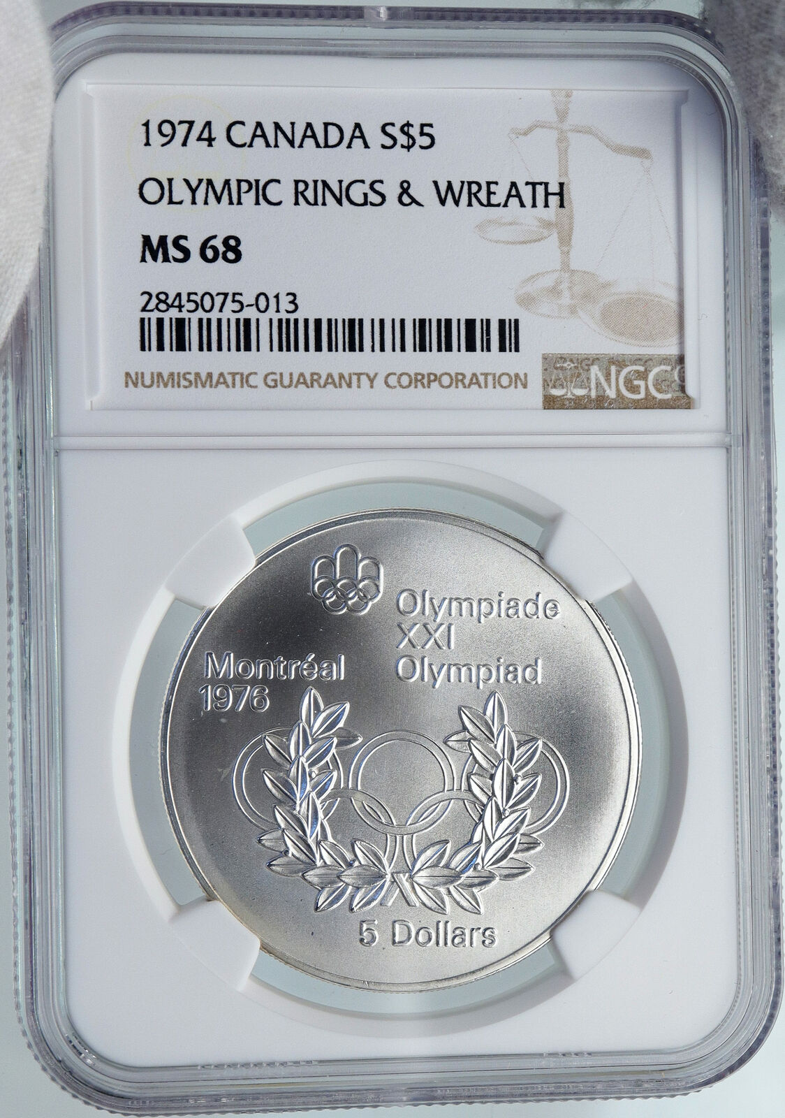 1974 CANADA UK Elizabeth II Olympics Montreal w/ RINGS Silver $5 Coin NGC i87841