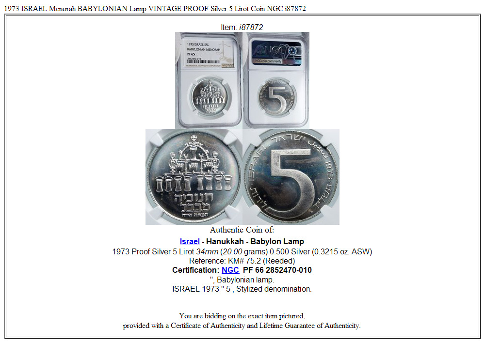 1973 ISRAEL Menorah BABYLONIAN Lamp VINTAGE PROOF Silver 5 Lirot Coin NGC i87872