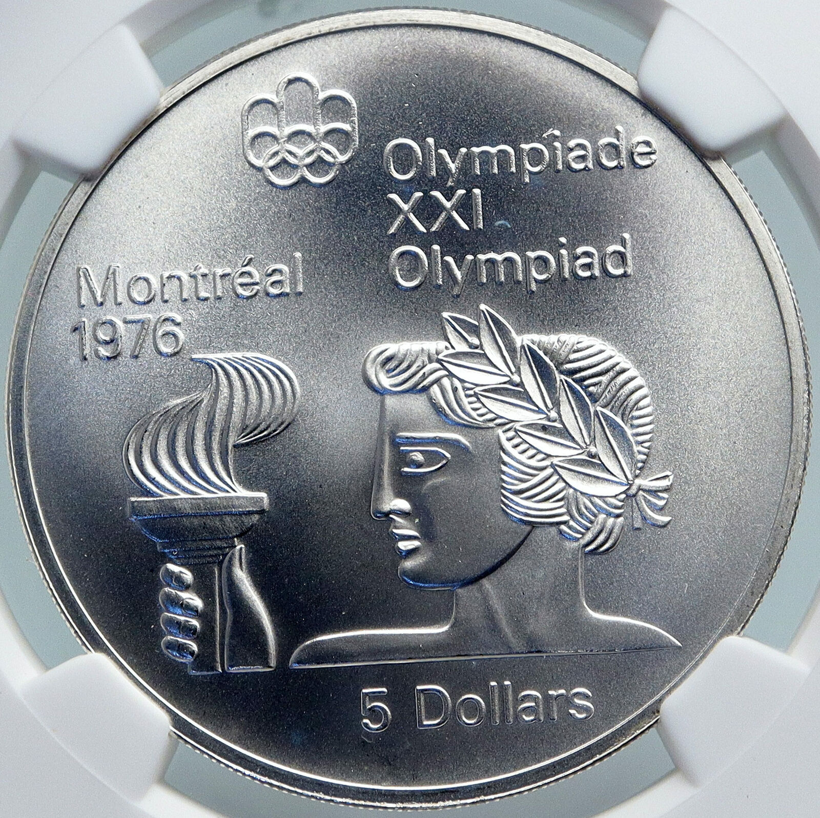 1974 CANADA Elizabeth II Olympics Montreal TORCH OLD Silver $5 Coin NGC i87840