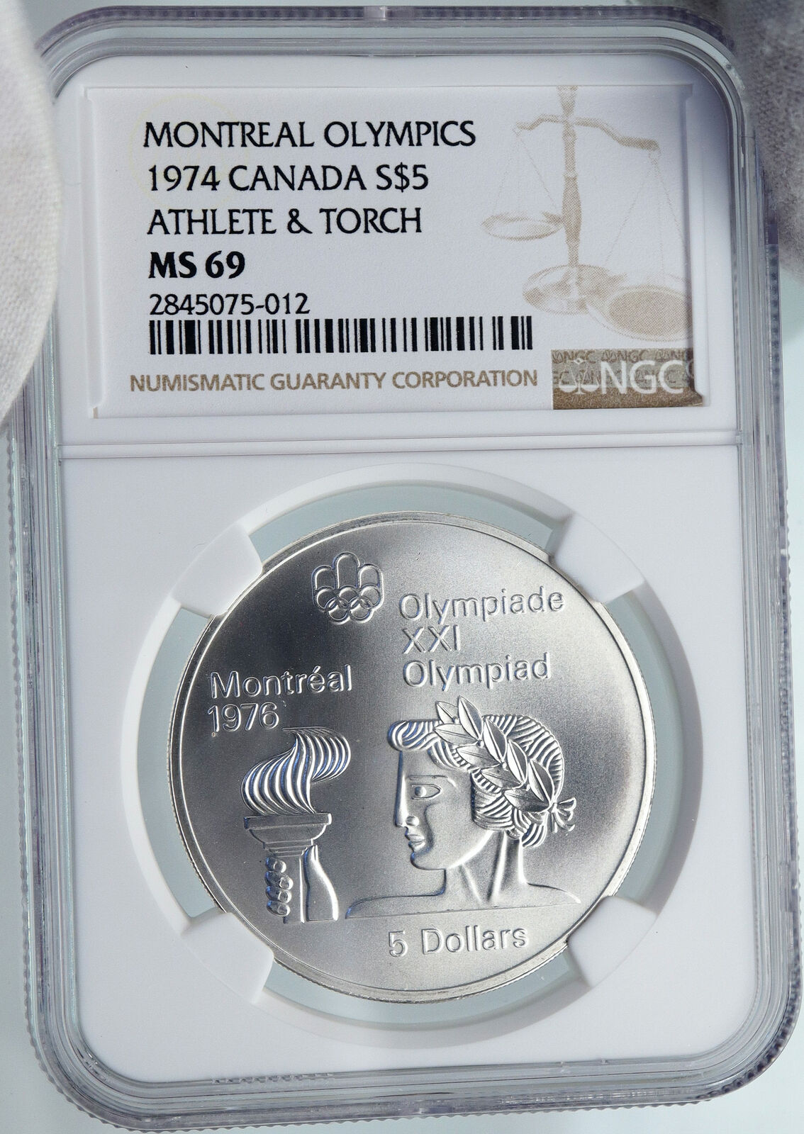 1974 CANADA Elizabeth II Olympics Montreal TORCH OLD Silver $5 Coin NGC i87840