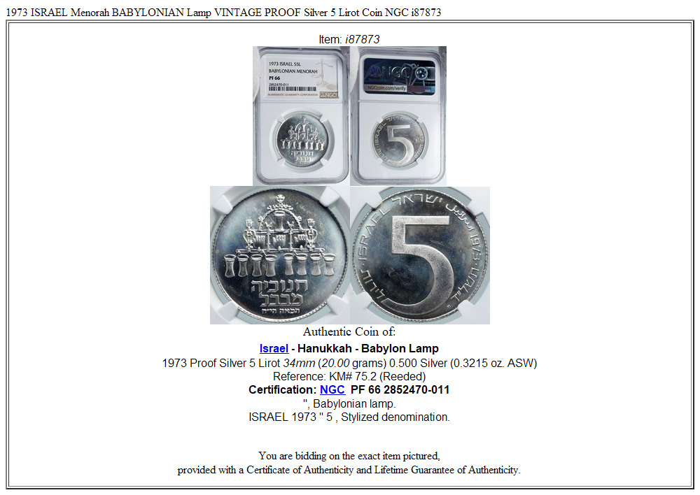 1973 ISRAEL Menorah BABYLONIAN Lamp VINTAGE PROOF Silver 5 Lirot Coin NGC i87873