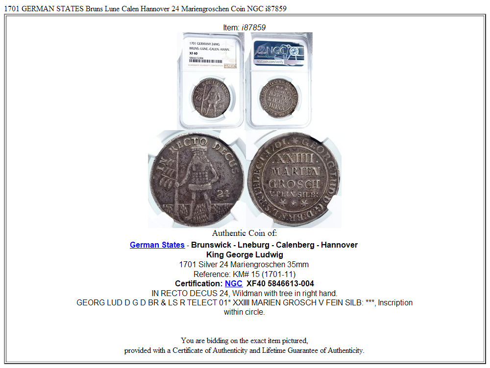 1701 GERMAN STATES Bruns Lune Calen Hannover 24 Mariengroschen Coin NGC i87859