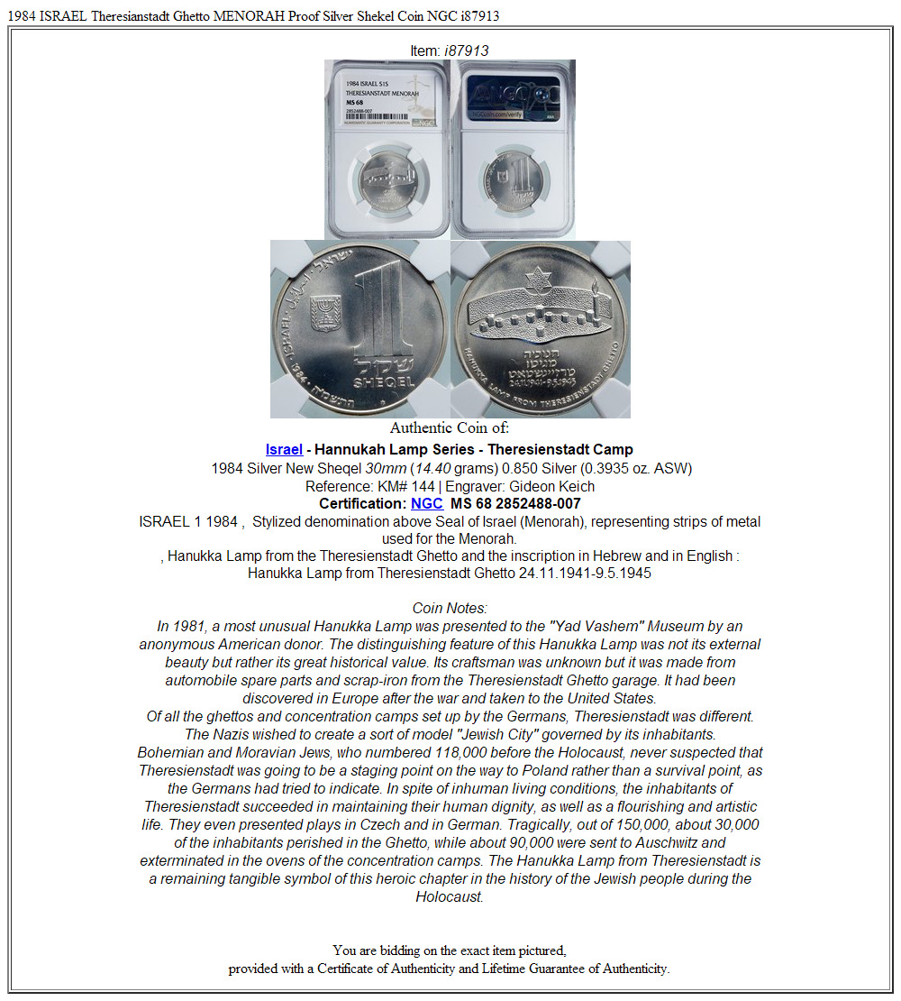 1984 ISRAEL Theresianstadt Ghetto MENORAH Proof Silver Shekel Coin NGC i87913