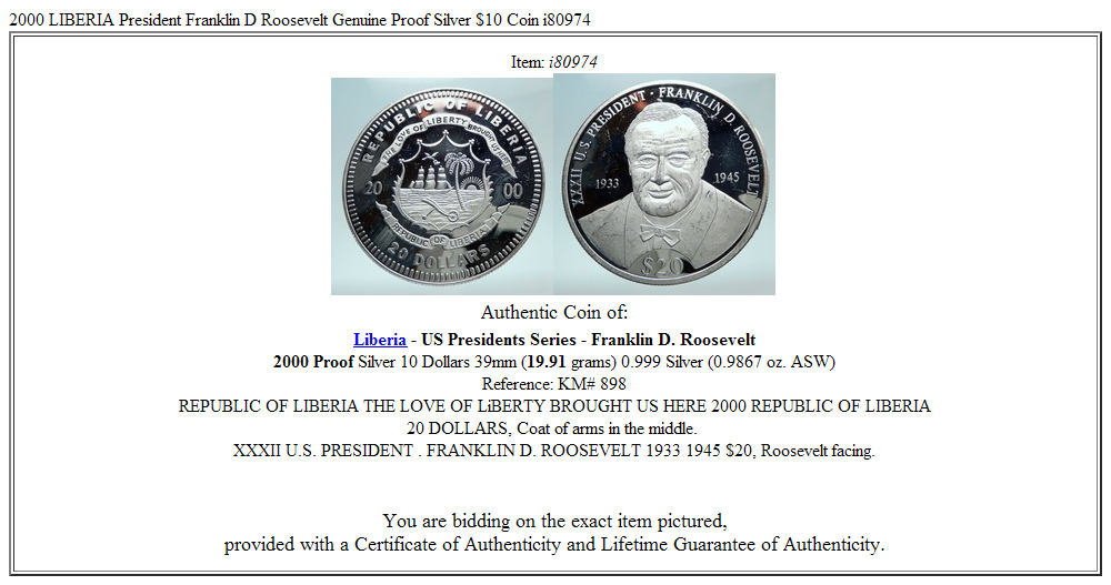 2000 LIBERIA President Franklin D Roosevelt Genuine Proof Silver $10 Coin i80974