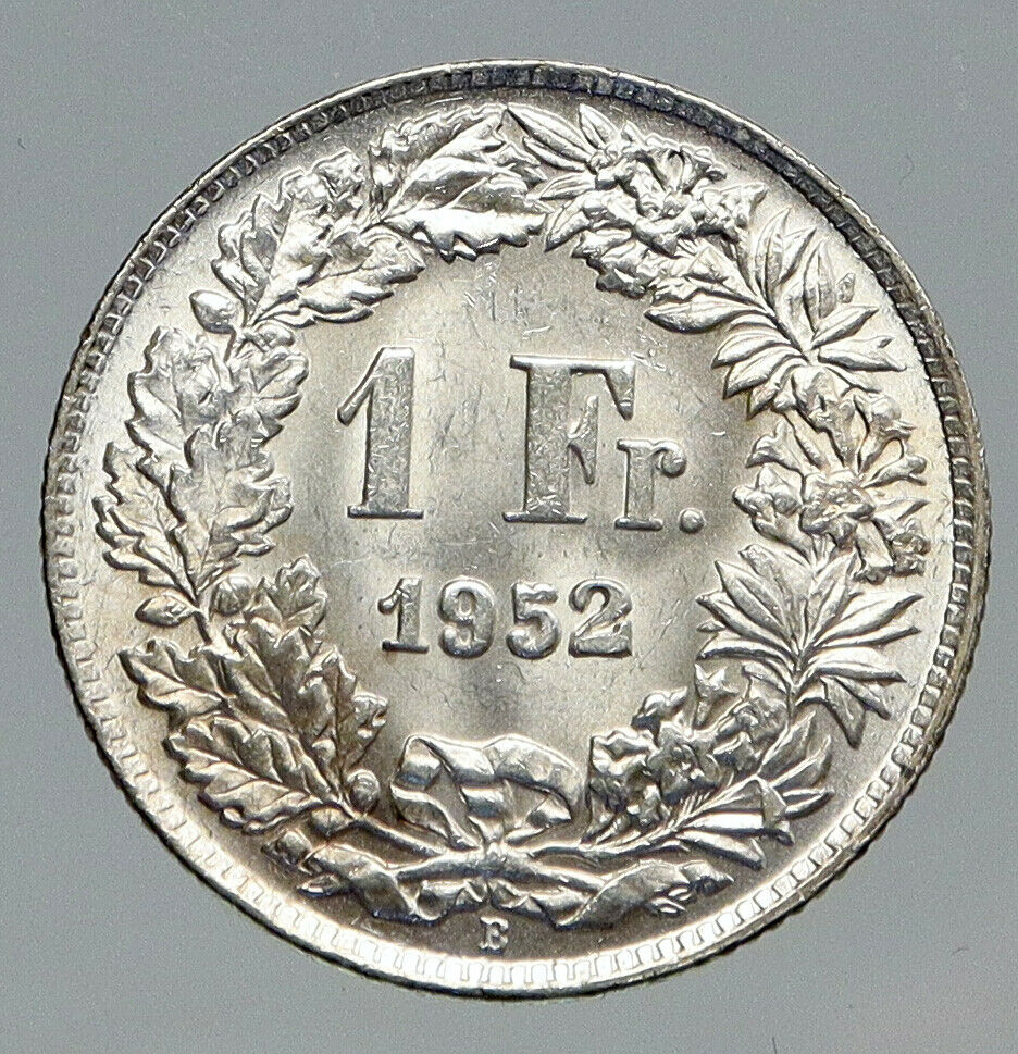 1952 B SWITZERLAND HELVETIA Symbolizes SWISS Nation SILVER 1 Franc Coin i91681