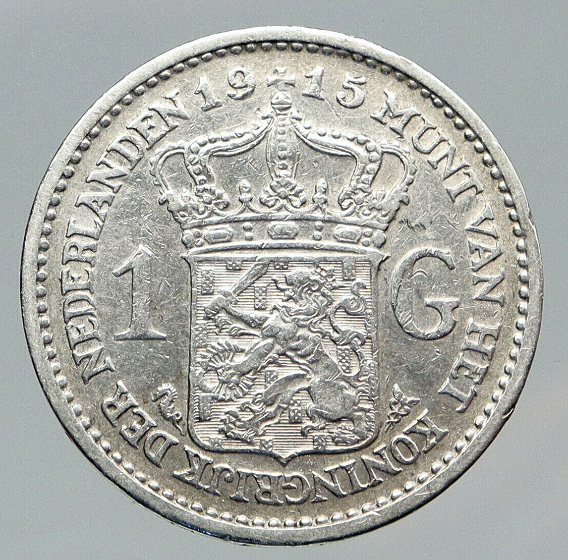 1915 Netherlands Kingdom w Queen WILHELMINA VINTAGE Silver 1 Gulden Coin i91686