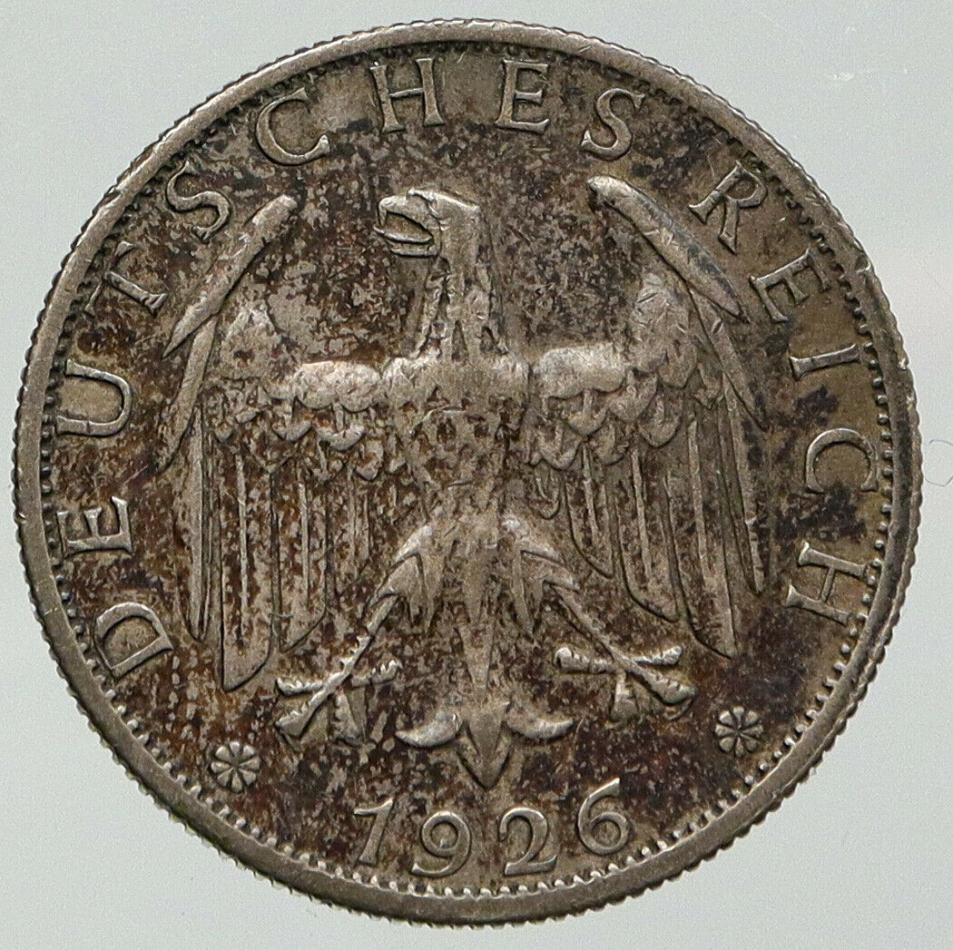 1926 A GERMANY Weimar Republic EAGLE Antique Silver 2 Mark German Coin i92706