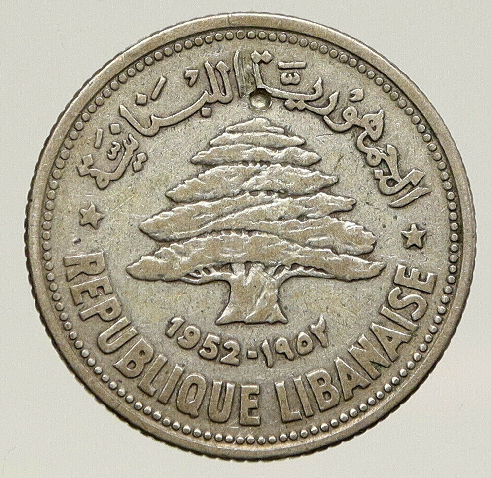 1952 LEBANON Cedar Tree Wreath Antique Genuine Silver 50 Piastres Coin i93192